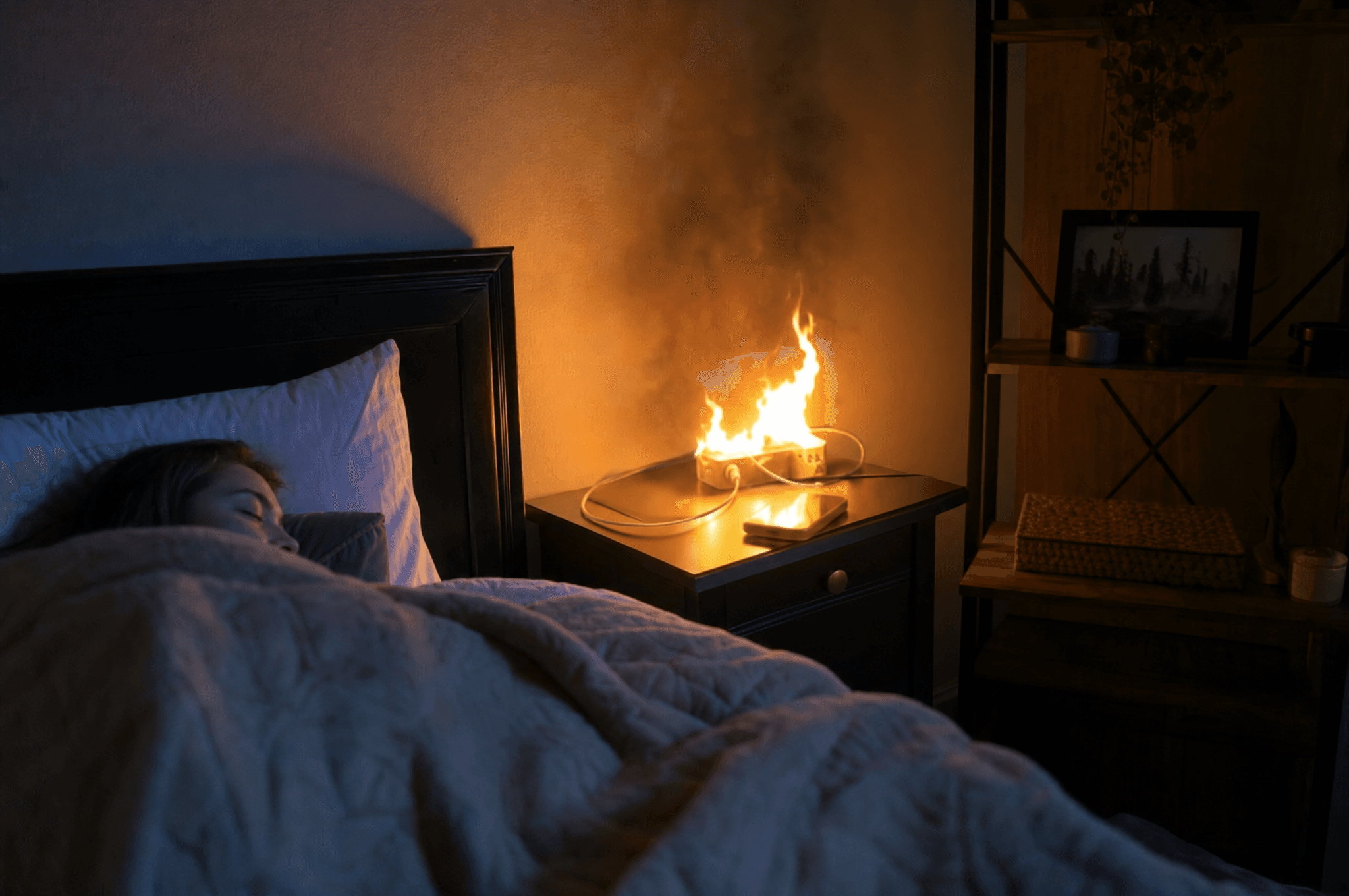 A person asleep in bed while a charger on the nightstand has caught fire, flames rising up the wall unnoticed