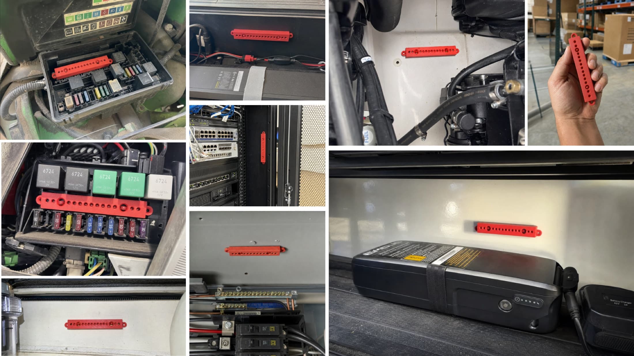 The Nonblaze unit installed across real spots: vehicle fuse boxes, e-bike batteries, camper and boat compartments, server racks, and electrical panels.
