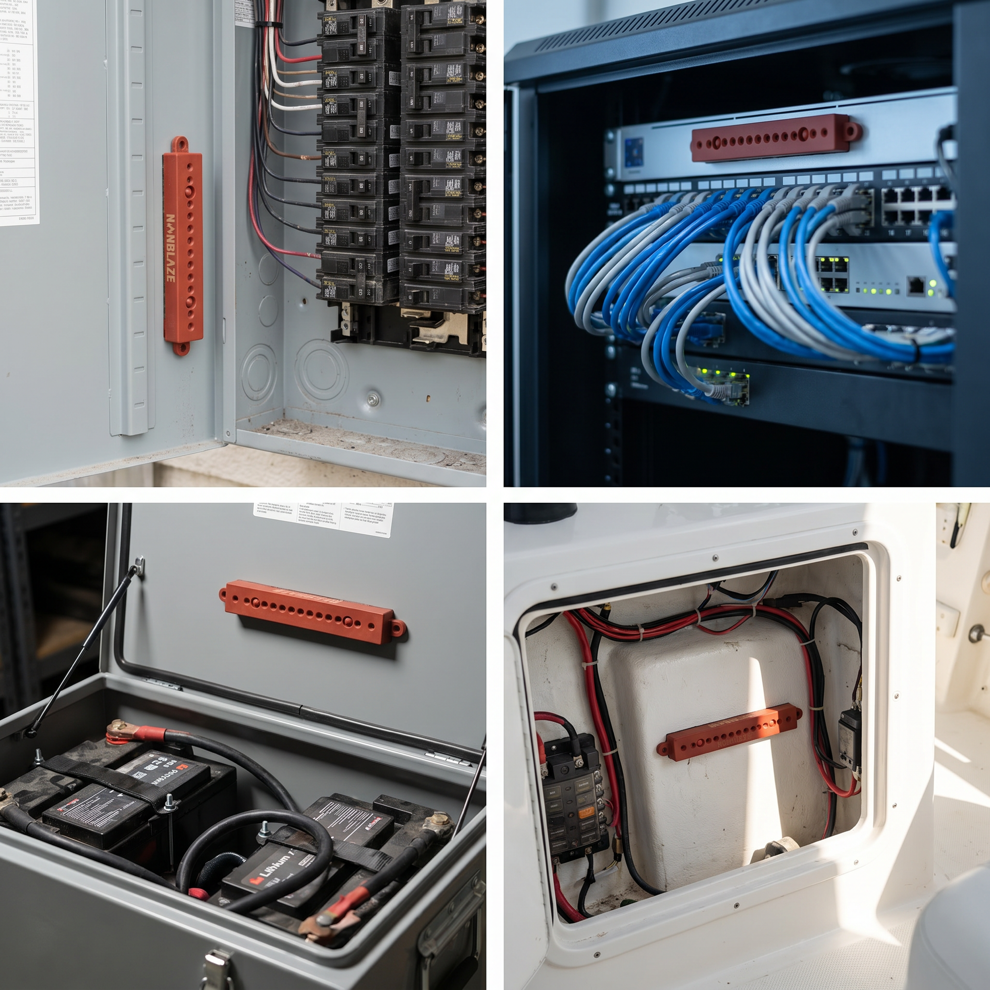 Nonblaze units stuck inside an electrical panel, a network rack, a battery box, and a boat console.